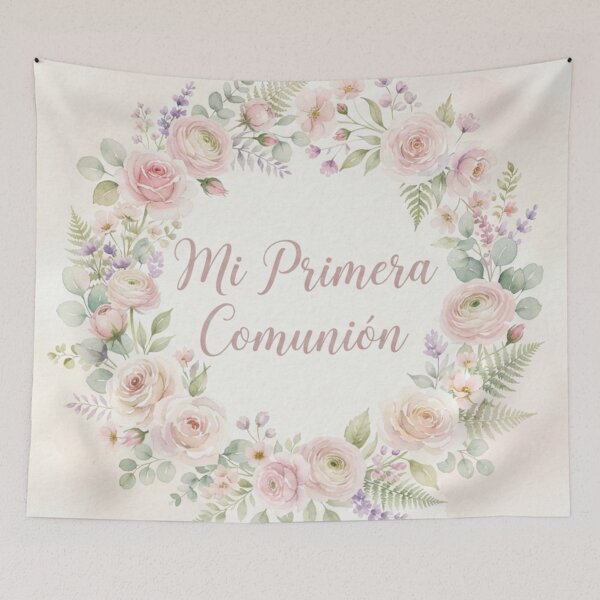 Item preview, My First Communion Wreath Flowers Watercolor Light Background designed and sold by MantoSagrado.