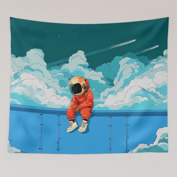 Item preview, Orange Astronaut Sitting Above Clouds Aesthetic Art designed and sold by Lunat1kk.