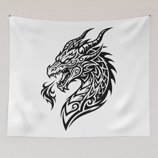 Item preview, Horned Tribal Dragon Head Tattoo – Black Flame Breathing Dragon Art designed and sold by DragonSerpent Ink.