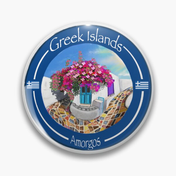 Item preview, Amorgos — Greek Islands Badge, Bougainvillea Alley in the Cyclades designed and sold by Cobalt & Stone Art.