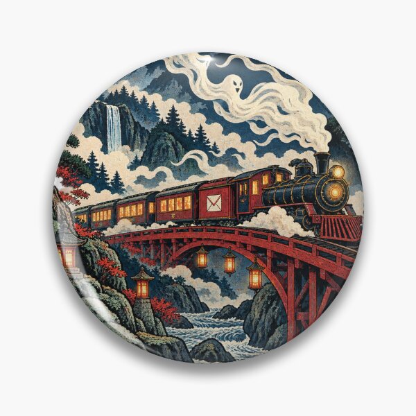 Item preview, Ghost Mail Train Crossing Moonlit Mountain Bridge designed and sold by Drip stamp.