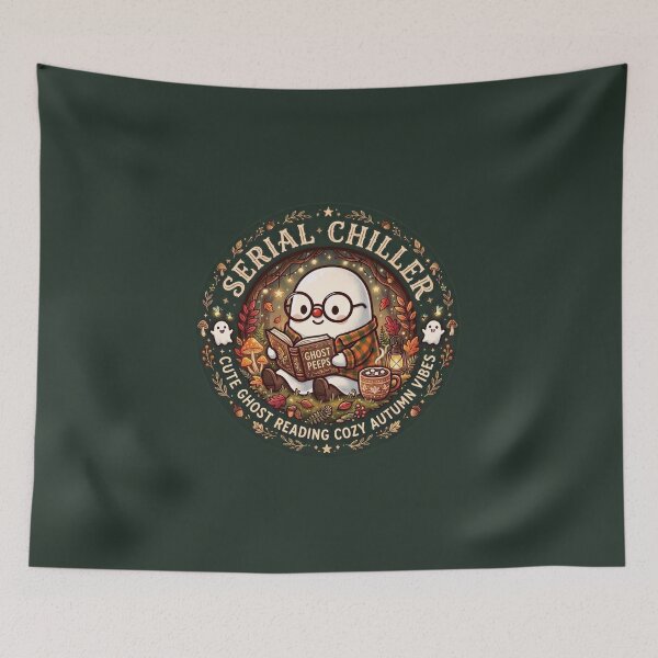 Item preview, Serial Chiller Cute Ghost Reading Book Cozy Autumn Vibe designed and sold by gear-posters.