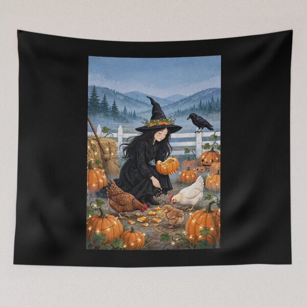 Item preview, Black witch and crow - Chicken Feeding - feeding pumpkins to chickens in patch, crow on fence. designed and sold by DibujandoPorfa.