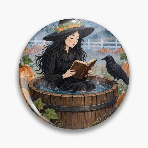 Item preview, Black witch and crow -Barrel Bath Reading - taking bath in wooden barrel outdoors reading book among pumpkins. designed and sold by DibujandoPorfa.