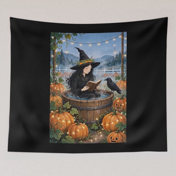 Item preview, Black witch and crow -Barrel Bath Reading - taking bath in wooden barrel outdoors reading book among pumpkins. designed and sold by DibujandoPorfa.