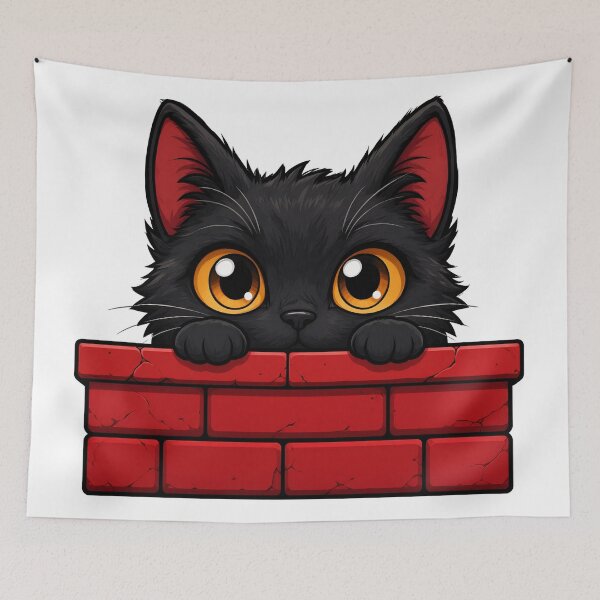 Item preview, Cute Black Cat Peeking Over Red Brick Wall designed and sold by aliyehc.