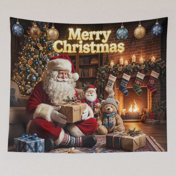 Item preview, Merry Christmas Santa Claus by Fireplace - Cozy Christmas Fireplace with Tree and Gifts designed and sold by Deepsleepstudio.