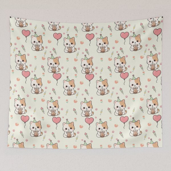 Item preview, Cute Party Cat Drinking Boba Seamless Pattern designed and sold by prapapon.