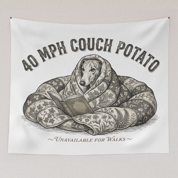 Item preview, 40 MPH Couch Potato Greyhound – Unavailable for Walks Victorian Engraving Art Print designed and sold by Luminari Creations.