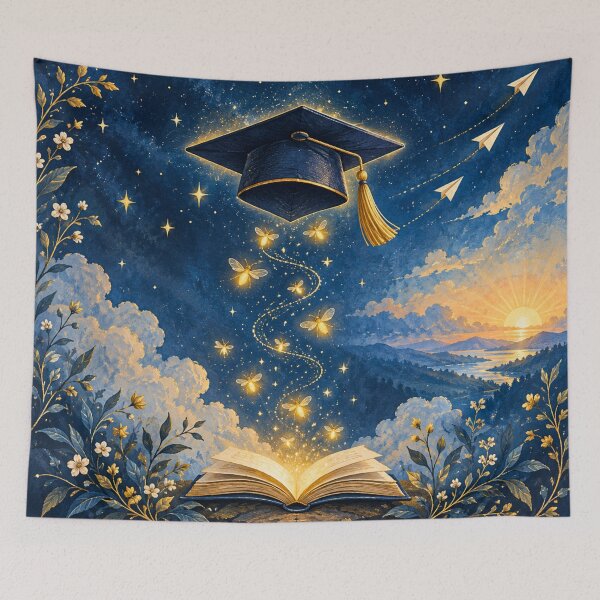 Item preview, Whimsical Graduation Night Sky – Magical Graduation Cap, Open Book & Golden Fireflies designed and sold by lavanya11.