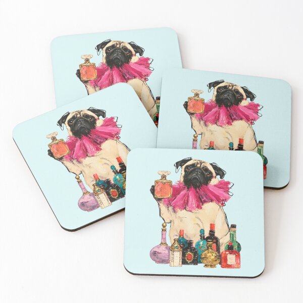Item preview, Pug with Pink Ruffle Collar Perfume Bottles Oil Painting designed and sold by joannejgg.