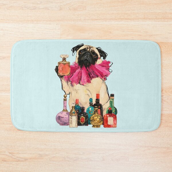 Item preview, Pug with Pink Ruffle Collar Perfume Bottles Oil Painting designed and sold by joannejgg.