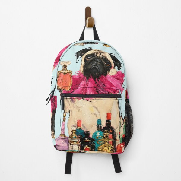 Item preview, Pug with Pink Ruffle Collar Perfume Bottles Oil Painting designed and sold by joannejgg.
