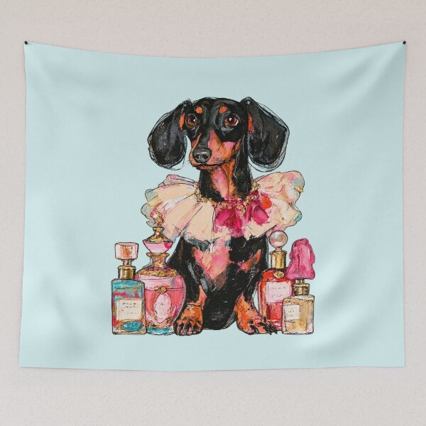 Item preview, Dachshund with Perfume Bottles Frilly Collar Oil Painting designed and sold by joannejgg.