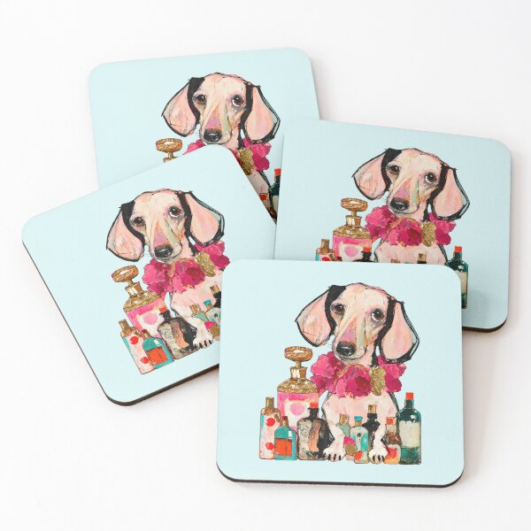 Item preview, Dachshund Among Perfume Bottles Painted Pink Gold Illustration designed and sold by joannejgg.