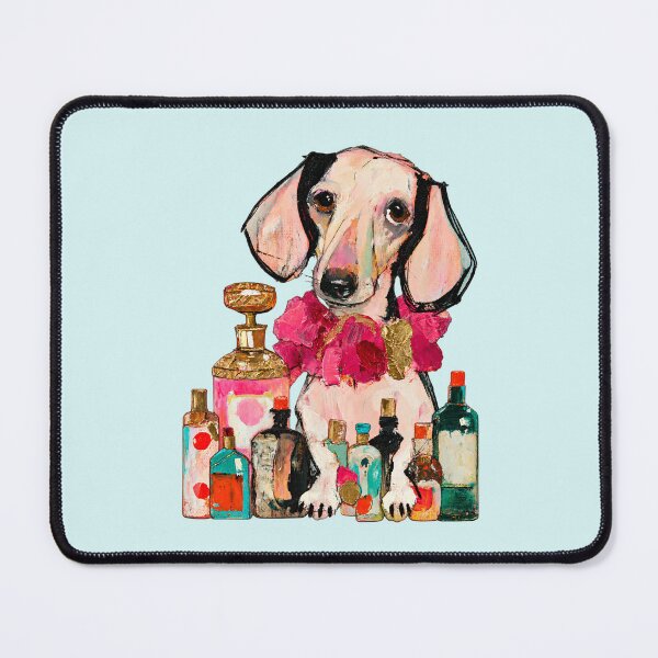Item preview, Dachshund Among Perfume Bottles Painted Pink Gold Illustration designed and sold by joannejgg.