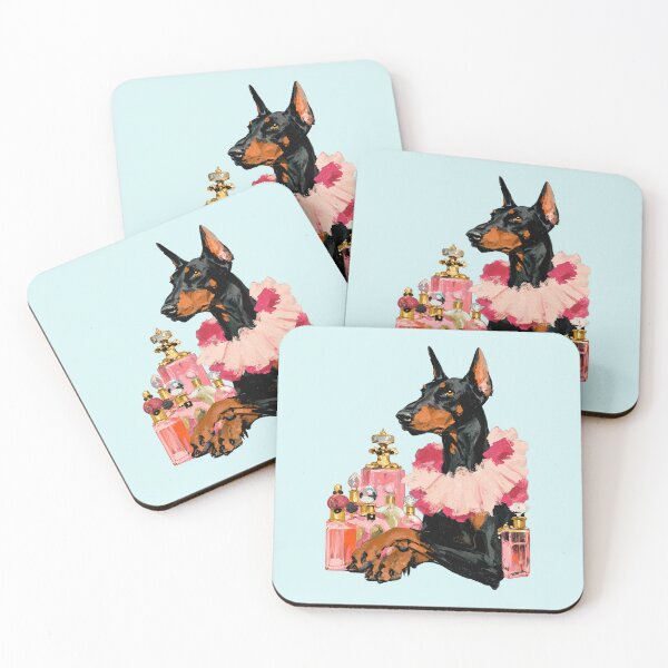 Item preview, Doberman in Pink Ruffle Collar with Perfume Bottles Painting designed and sold by joannejgg.