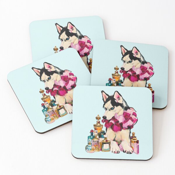 Item preview, Husky in Pink Floral Ruff Vintage Perfume Bottles Painting designed and sold by joannejgg.