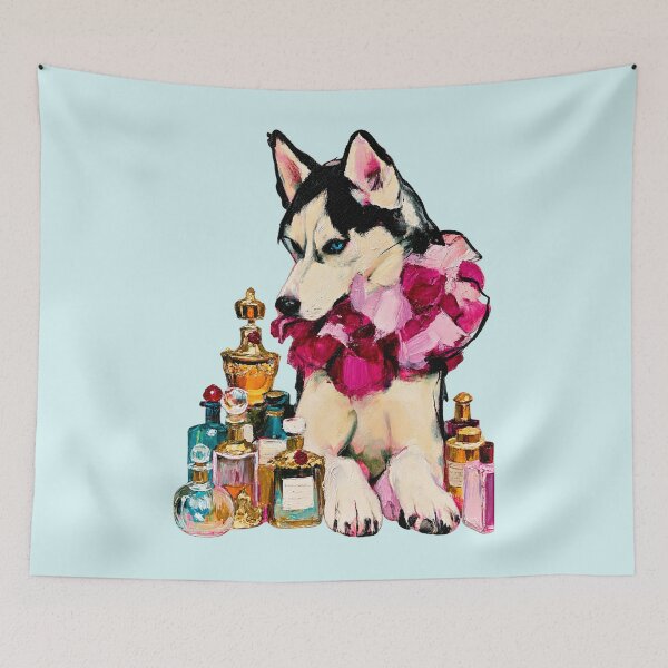 Item preview, Husky in Pink Floral Ruff Vintage Perfume Bottles Painting designed and sold by joannejgg.