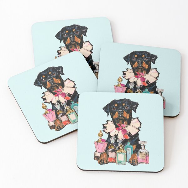 Item preview, Rottweiler in Ruffled Collar Among Perfume Bottles Painting designed and sold by joannejgg.