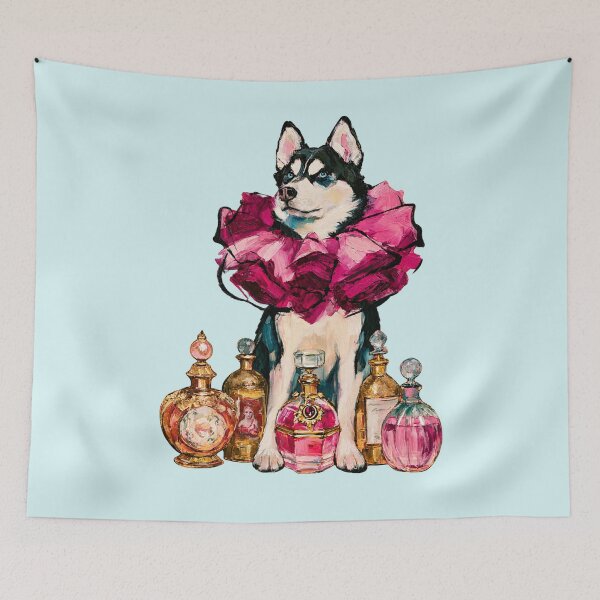Item preview, Husky in Pink Ruffle Collar Perfume Bottles Oil Painting designed and sold by joannejgg.