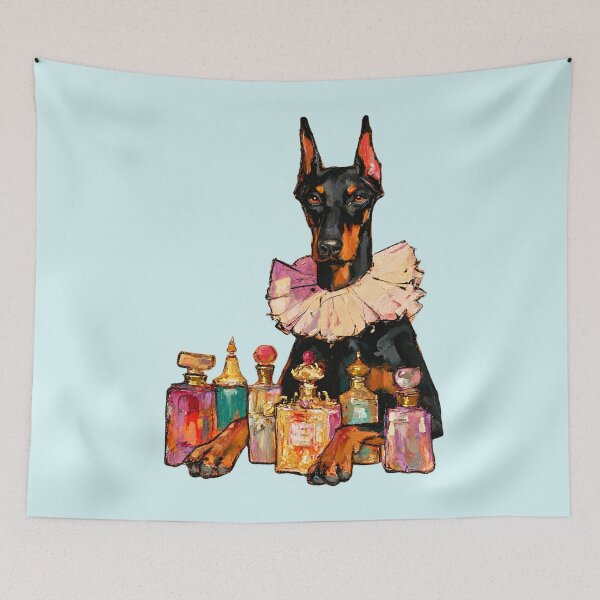 Item preview, Doberman in Ruffled Collar Among Perfume Bottles Oil Painting designed and sold by joannejgg.