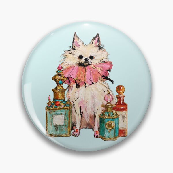 Item preview, Pomeranian in Pink Ruffle with Perfume Bottles Oil Painting designed and sold by joannejgg.