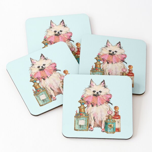 Item preview, Pomeranian in Pink Ruffle with Perfume Bottles Oil Painting designed and sold by joannejgg.