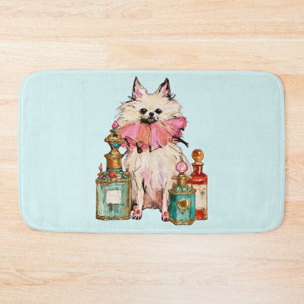 Item preview, Pomeranian in Pink Ruffle with Perfume Bottles Oil Painting designed and sold by joannejgg.
