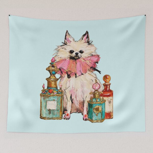 Item preview, Pomeranian in Pink Ruffle with Perfume Bottles Oil Painting designed and sold by joannejgg.