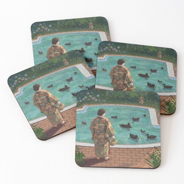 Item preview, Traditional Japanese Kimono Woman Feeding Ducks at Pond Art Print designed and sold by LexaArtworks.