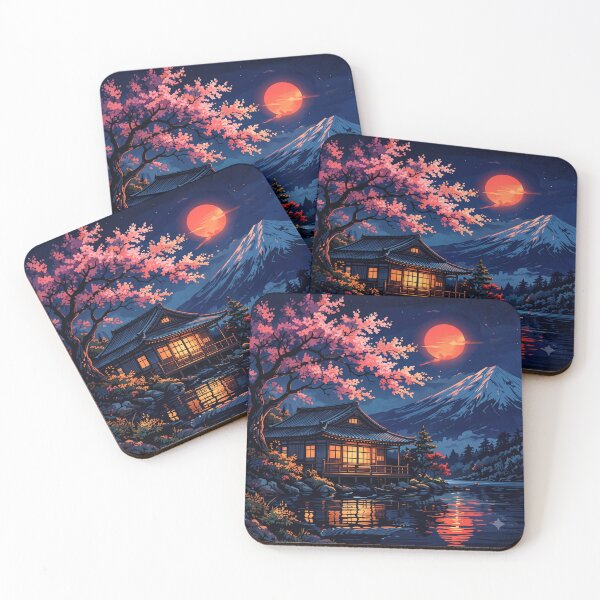 Item preview, Midnight In Japan – Mount Fuji, Cherry Blossom & Glowing Tea House Art designed and sold by Ak-art-shop.
