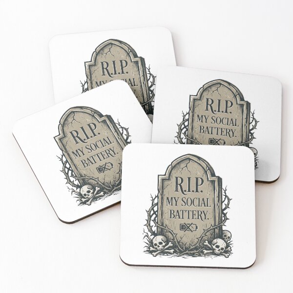 Item preview, RIP Social Battery Design – Gothic Linocut Tombstone Art designed and sold by Luminari Creations.