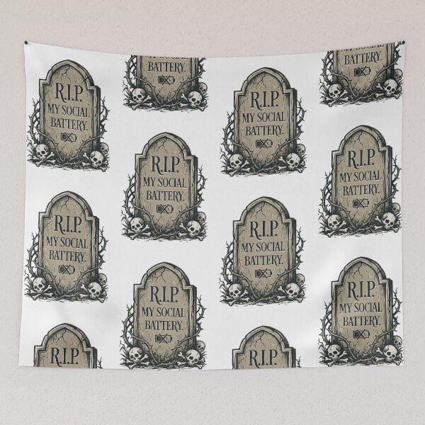 Item preview, RIP Social Battery Design – Gothic Linocut Tombstone Art designed and sold by Luminari Creations.
