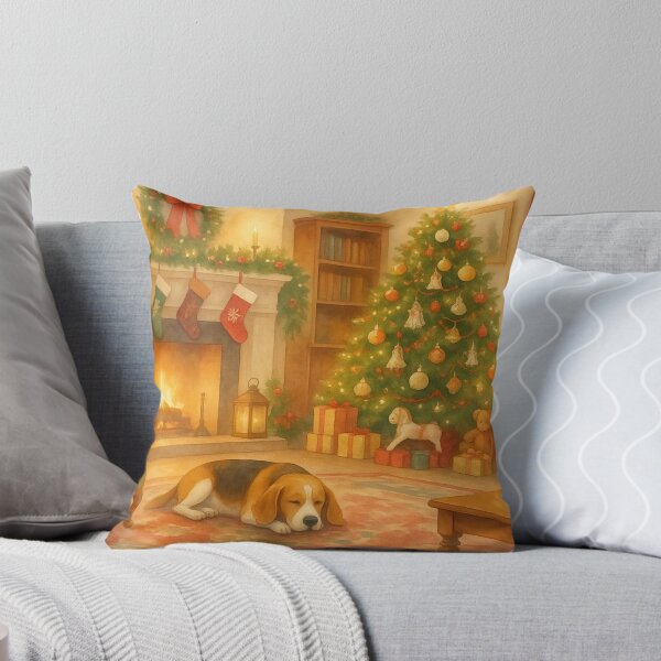 Item preview, Cozy Watercolor Christmas Eve: Fireplace, Tree & Sleepy Dog Art Print designed and sold by Dream wall studio.