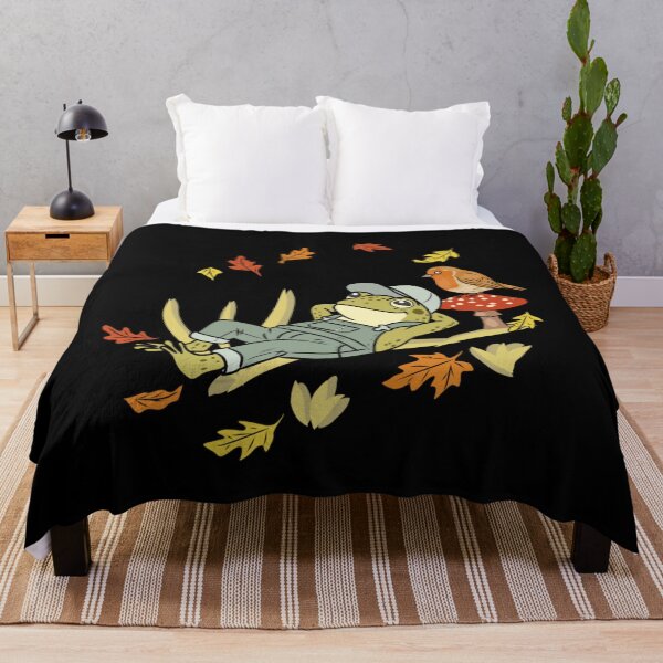 Item preview, Frog Resting on Branch Cottagecore with Bird, Fly Agaric Mushroom, Autumn Leaves and Grass Illustration designed and sold by LeshanArt.