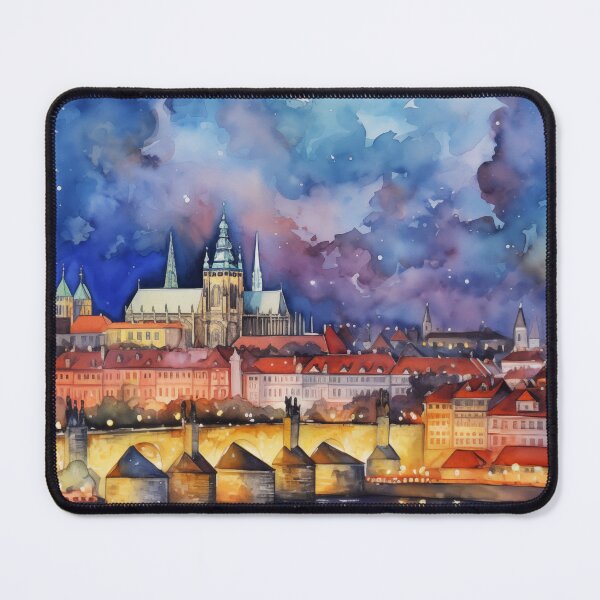 Item preview, Prague Castle and Charles Bridge Night Watercolor Art designed and sold by Anuchartl.