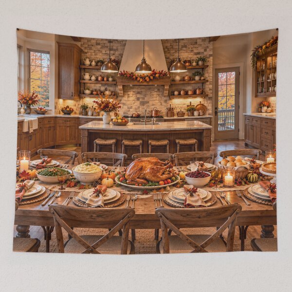 Item preview, Thanksgiving Kitchen Feast Backdrop – Farmhouse Holiday Dinner Scene designed and sold by TXLou.