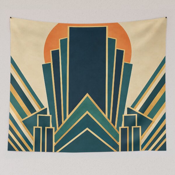Item preview, Green and Gold Vintage Art Deco Cityscape - Geometric Retro Architecture designed and sold by LexaArtworks.