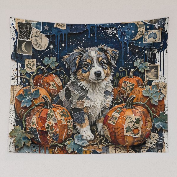 Item preview, Dog, pumpkins and starry sky – Mystical Halloween collage designed and sold by Mianku | Für das Leben.