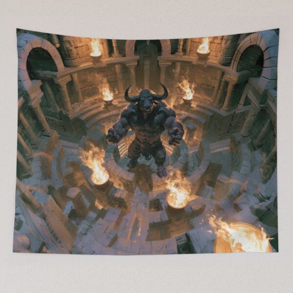 Item preview, A powerful Minotaur standing within an ancient stone labyrinth lit by flaming torches, Fantasy & Mythological Creatures designed and sold by CDC40.