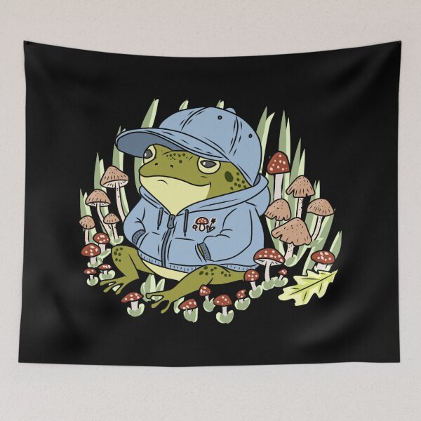 Item preview, Cottagecore Frog in Blue Zip Hoodie and Cap Resting in Autumn Forest with Mushrooms and Oak Leaf Illustration designed and sold by LeshanArt.