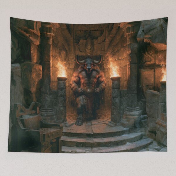 Item preview, A powerful Minotaur standing within an ancient stone labyrinth lit by flaming torches, Fantasy & Mythological Creatures designed and sold by CDC40.