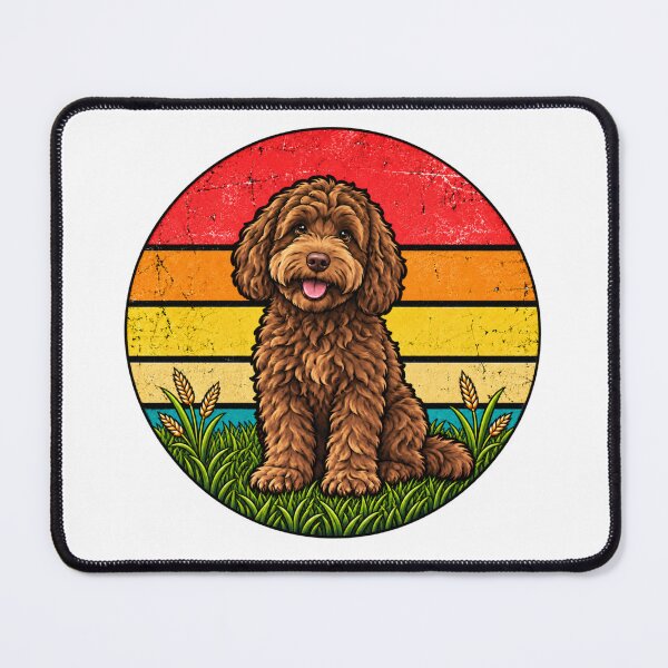 Item preview, Chocolate Australian Labradoodle Retro Sunset Dog designed and sold by WeirdlyMild.