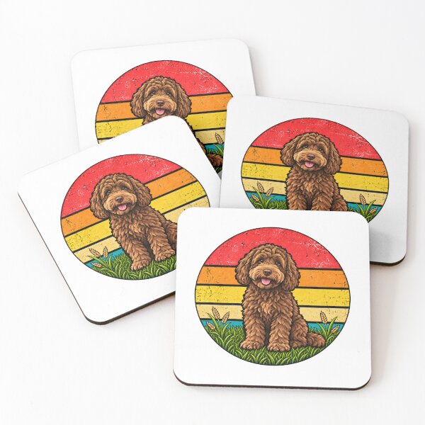 Item preview, Chocolate Australian Labradoodle Retro Sunset Dog designed and sold by WeirdlyMild.