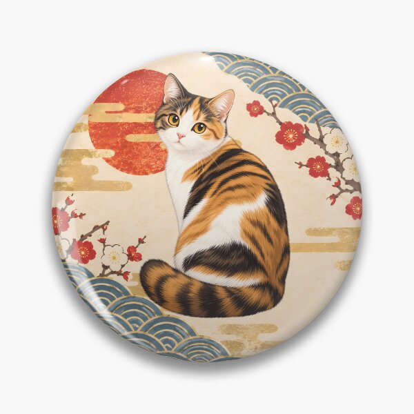 Item preview, Japanese Lucky Cat - Traditional Japanese Art with Plum Blossoms and Seigaiha Waves designed and sold by Neo Japonism Art.