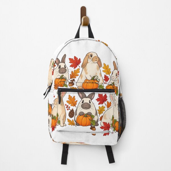 Item preview, Autumn Woodland Bunnies Pumpkins Falling Leaves Harvest Art designed and sold by lamiarte.