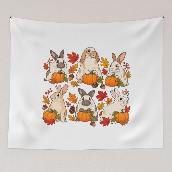 Item preview, Autumn Woodland Bunnies Pumpkins Falling Leaves Harvest Art designed and sold by lamiarte.