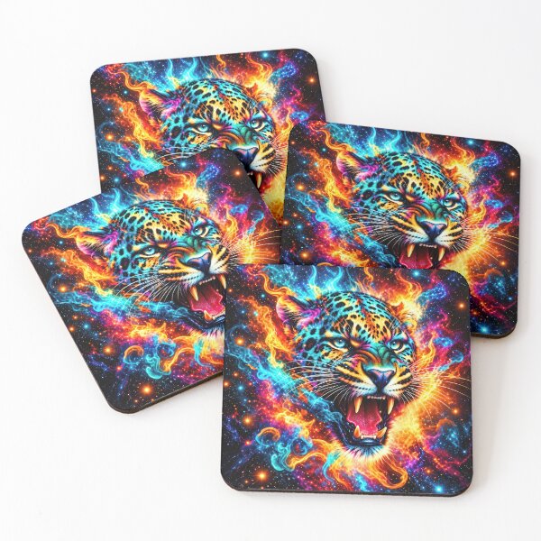 Item preview, Roaring Leopard Cosmic Fire Art with Neon Psychedelic Colours and Fierce Energy designed and sold by Very Peculiar.