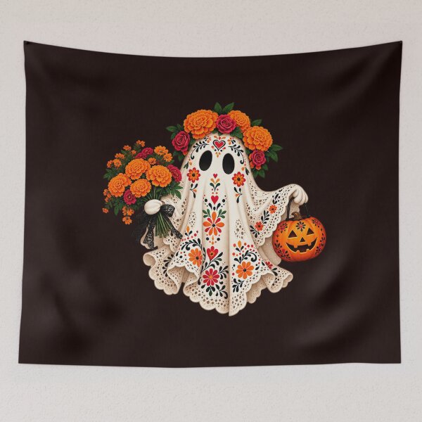 Item preview, Floral Halloween Ghost with Marigolds and Pumpkin designed and sold by JolinChinn.